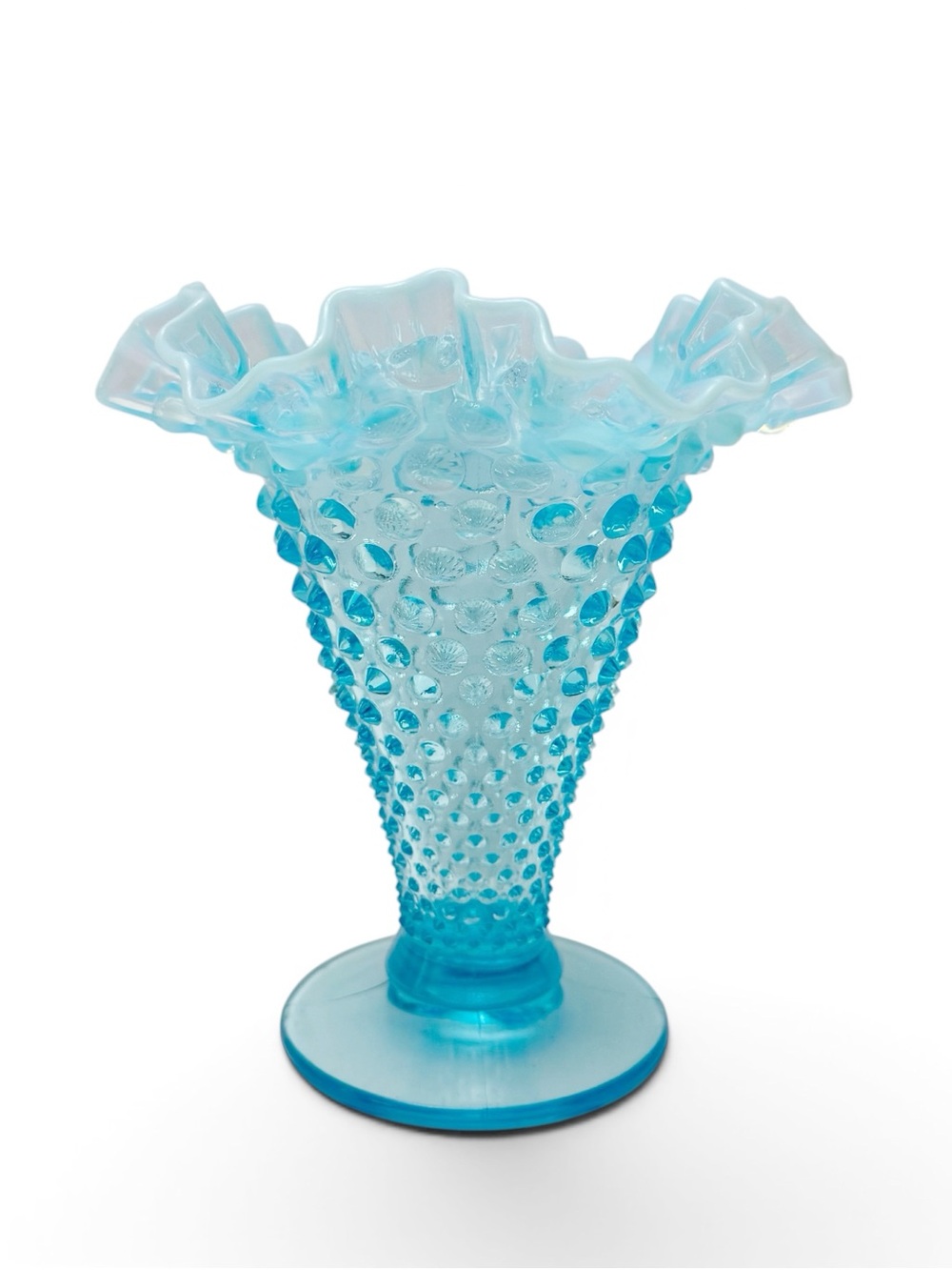 Vintage Fenton Glass Aqua Blue Opalescent Hobnail Ruffled Vase 7 7/8”